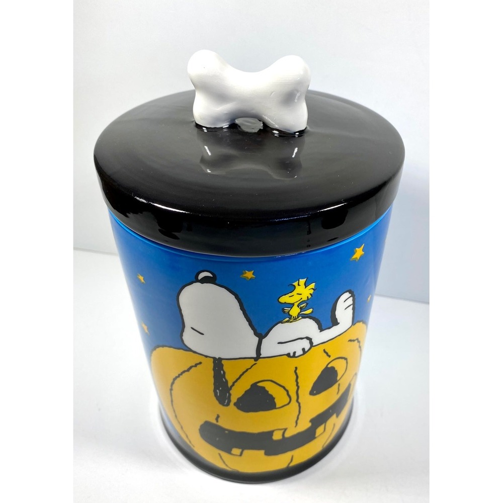 Peanuts Snoopy Halloween Ceramic Cookie Jar Canister Fall Pumpkin Blue Bone Lid - Picture 7 of 12